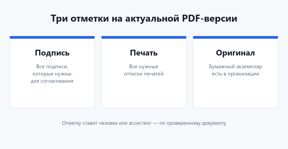 Схема: три отметки — подпись, печать, бумажный оригинал